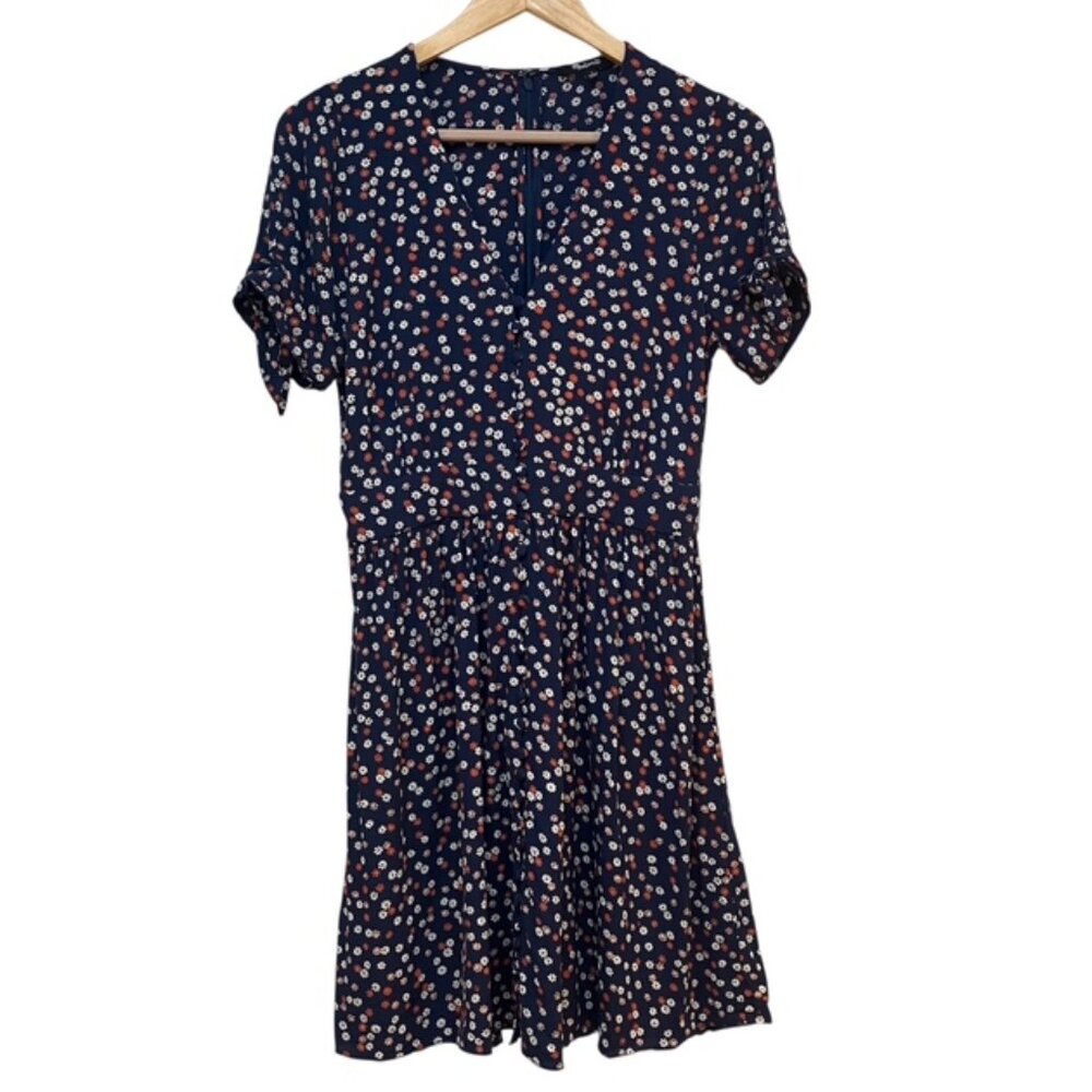 Madewell Navy tie sleeve button front floral mini dress size 2